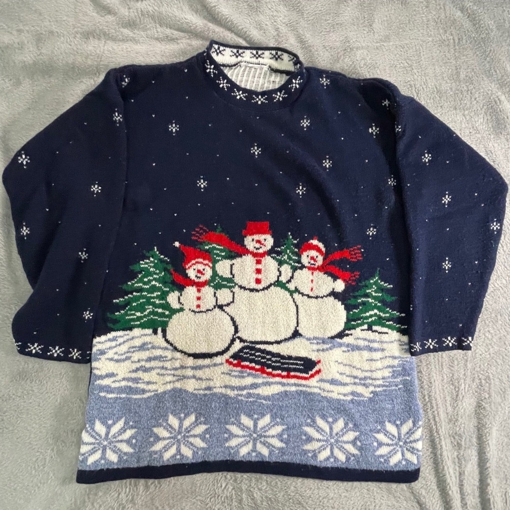 Vintage 90s Snowman graphic Sweater Blue Knit Winter Holiday Ugly Christmas Cozy